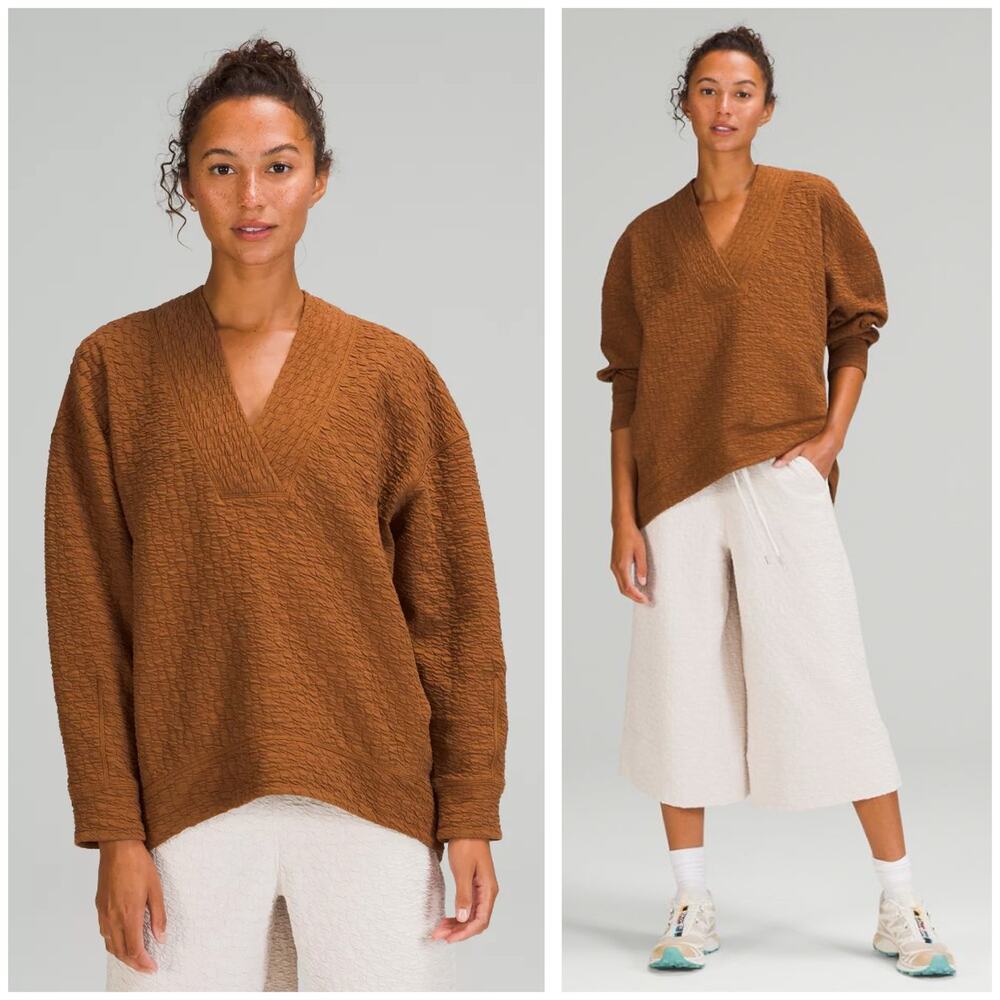 Lululemon Rippled V-Neck Pullover Size 2 Brown Oversized Textured